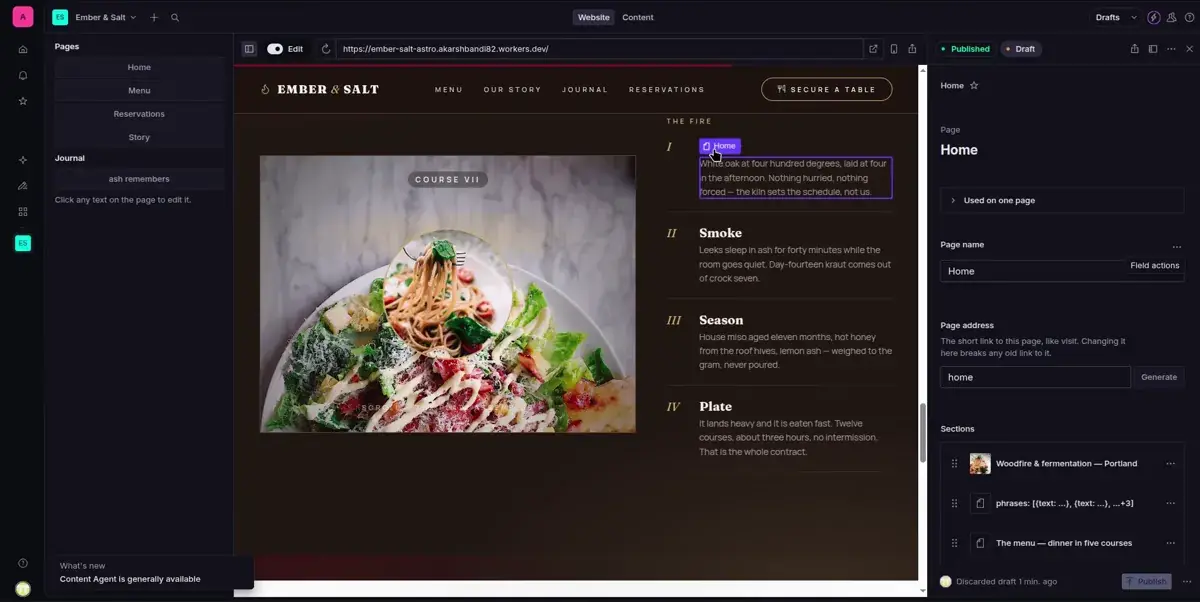 The editing screen: labelled fields and a publish button, no code